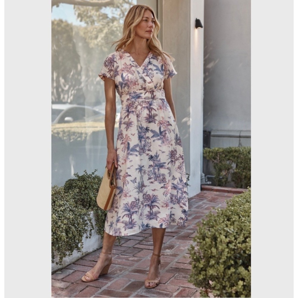 J. Jill Palm Printed Linen Midi Dress Faux Wrap Pale Rose Vintage Toile 2X